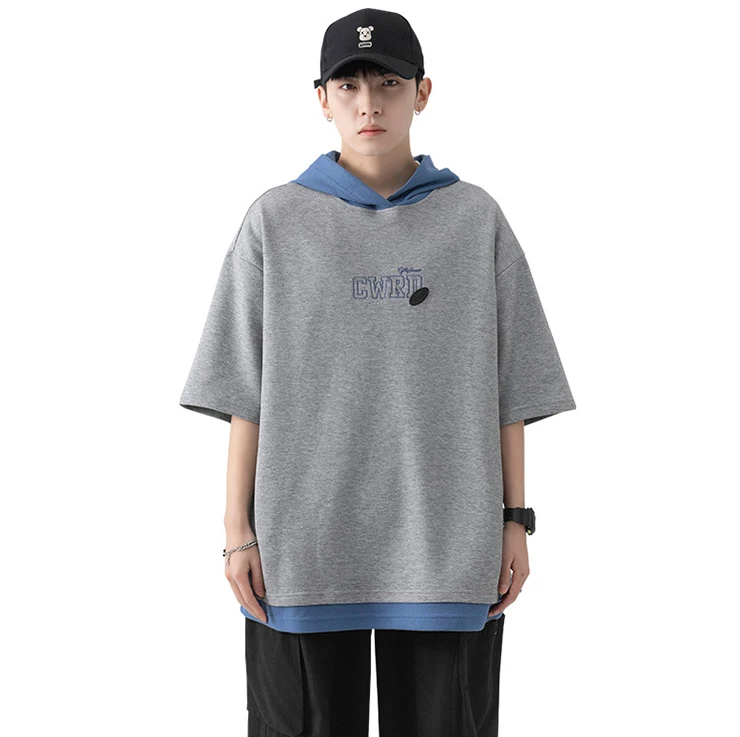 wholesale custom organic cotton two layered hoodie family matching sweatshirts summer short sleeve t shirt in grey white for men