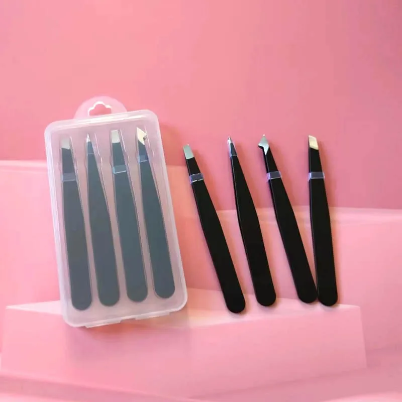 Beauty Customized 4pcs Eyebrow Eyelash Tweezers Set  Black Pink Slanted Pointed Eyelash Eyebrow Tweezers Set with case