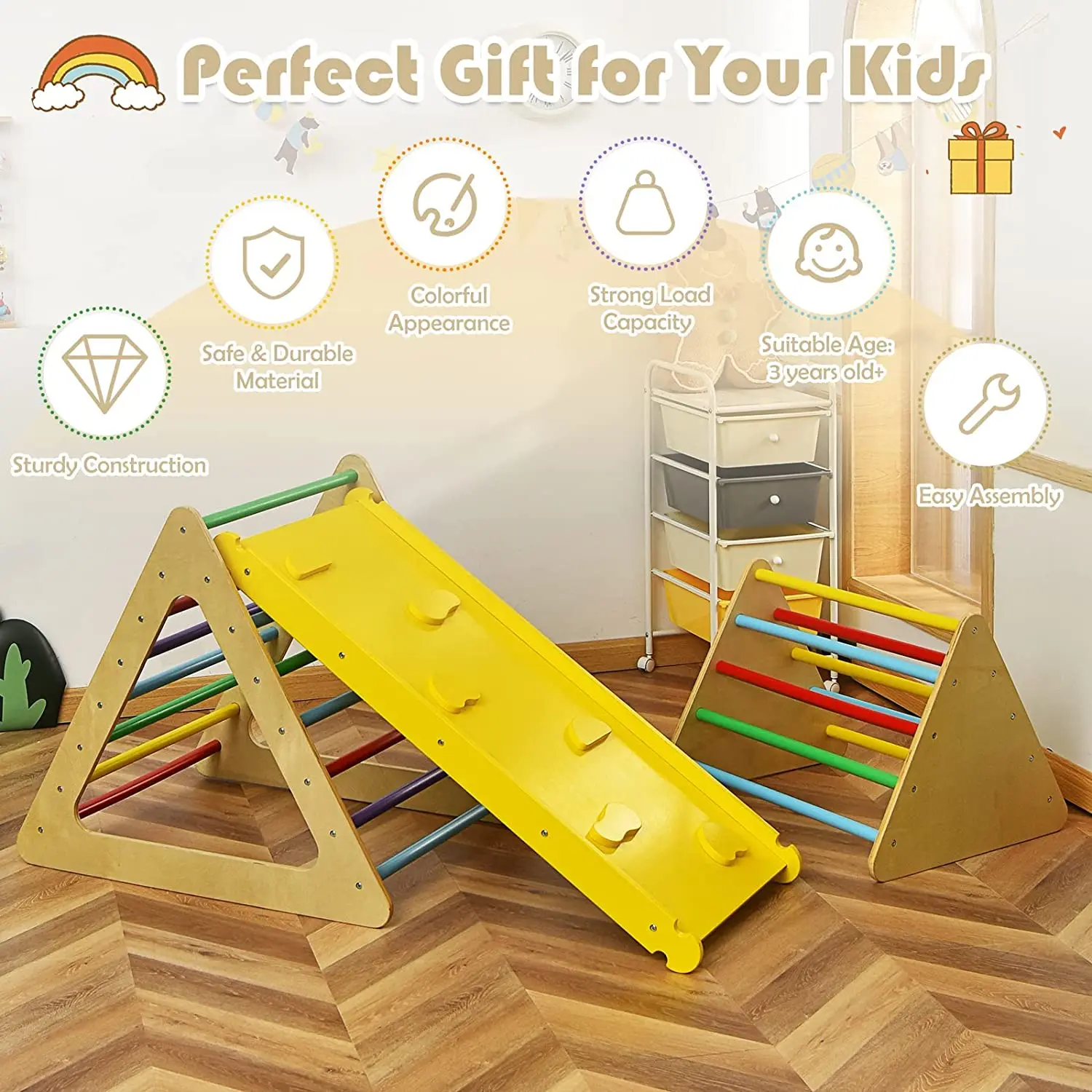 5 in 1 Triangle Climber with 2 Ramp, Toddler Climbing Triangle for Sliding and Climbing, 5-Piece Set Play Equipment for Kids