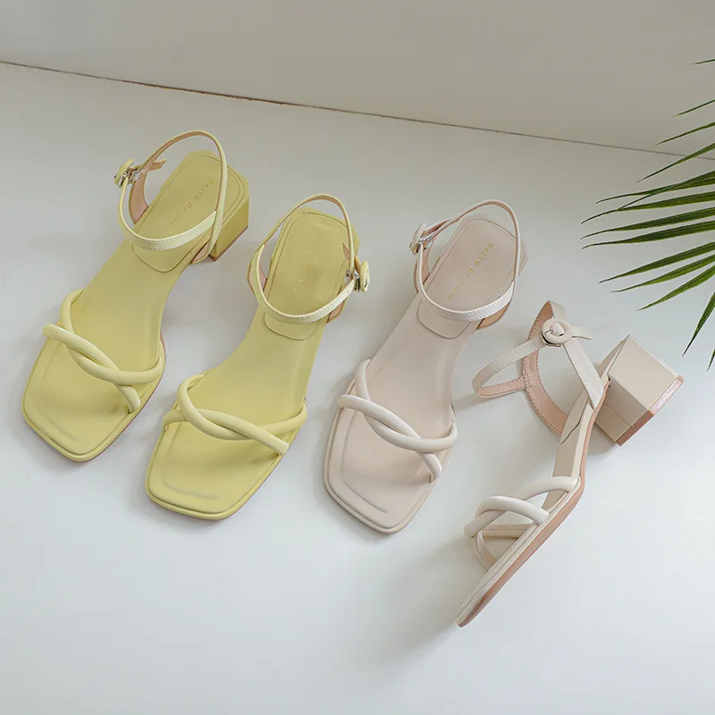 Cross a line with thick heel sandals women 2023 high heels summer new simple fashion shoes with heels