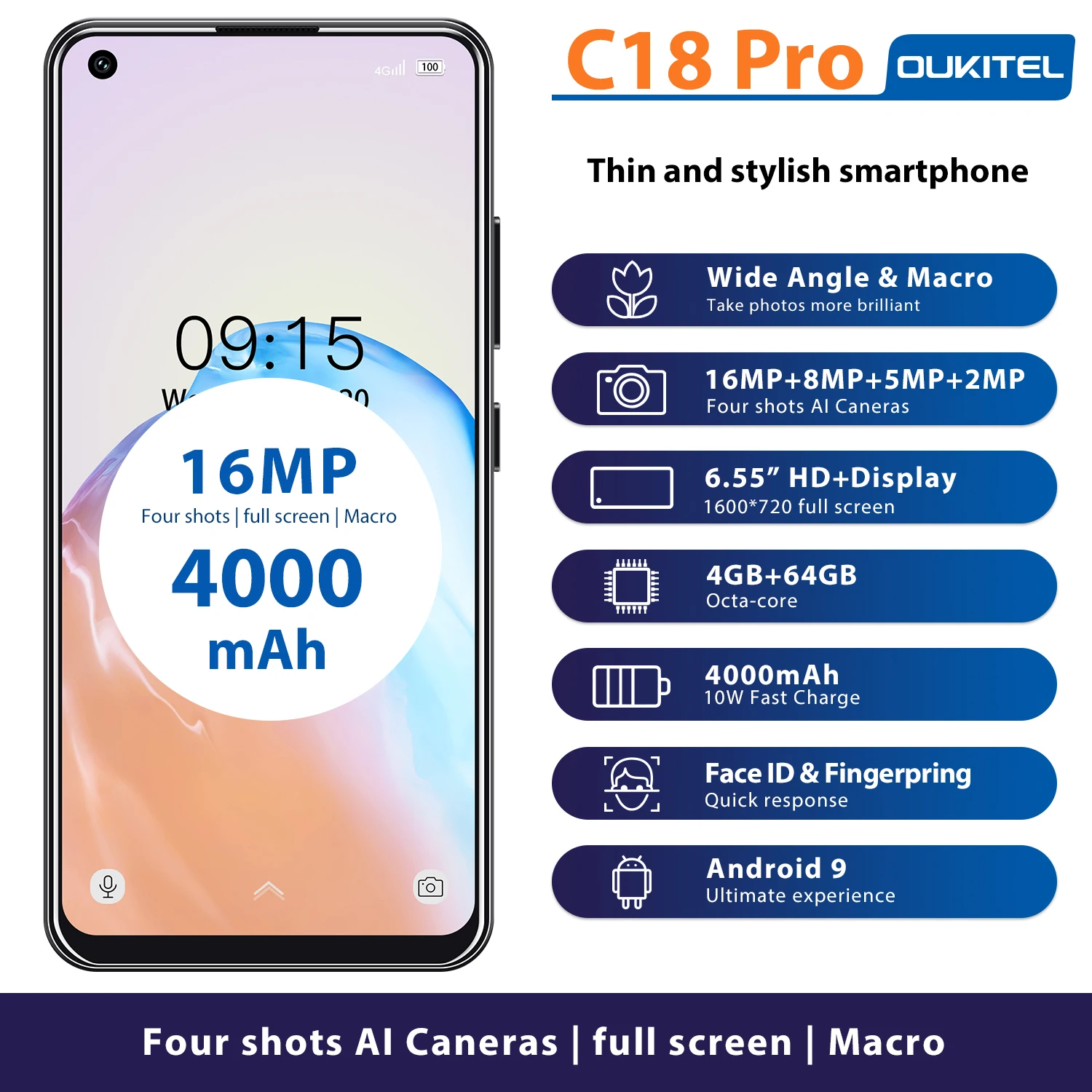 Смартфон OUKITEL C18 Pro на Android восемь ядер экран 6 55 дюйма 4 Гб + 64