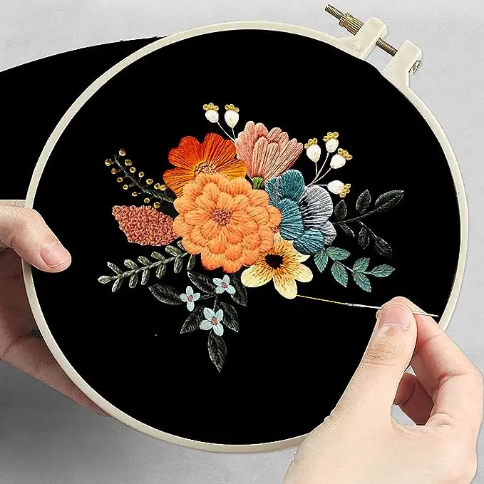 DIY Embroidery Kit for Adults Black Canvas Tote Bag,Cross Stitch Kit Include Embroidery Bag,Instructions,Embroidery Hoops,Color