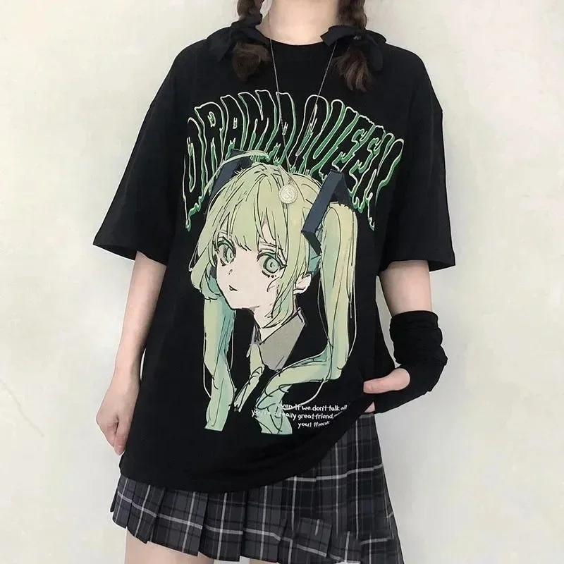 Ladies Summer Cotton T-Shirt MIKU Kawaii Beautiful Cute Graphic T-Shirt Y2K Short Sleeve Japanese Harajuku Girl Anime T-Shirt