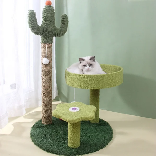 Luxury Cat Playing Climbing Scratching Post Furry Ball Toy Cat Tree House Mushroom Cactus Green Cat Trees & Scratcher