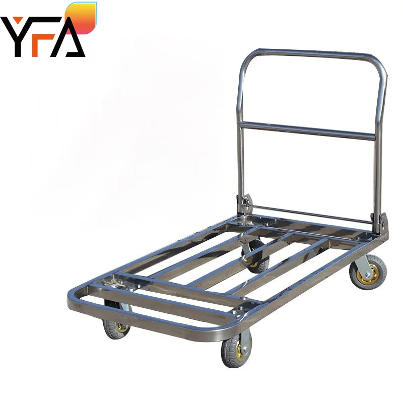 Stainless Steel Hand Carts Heavy-Duty Foldable Platform Trolley Truck Platform Hand Truck, 4-Wheel Warehouse Hand Trolley