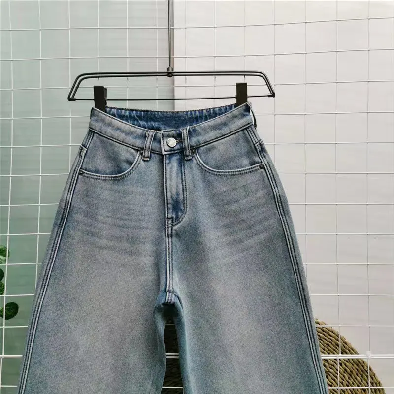 Autumn and winter light straight leg jeans women plus fleece warm high waist loose thick  of wide leg mop long pants