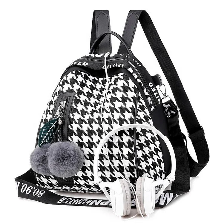 
Hot Sale Fashion Strap Houndstooth Teenager Cross Body Shoulder Bag Youth Students Schoolbag College Women Backpack With Pompom 