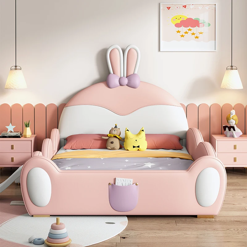 Modern Simple Rabbit Princess Bed for Kids 1.5m Bed with Guardrail Silicone Leather Bed Children Babies Bedroom Hotel Made Wood