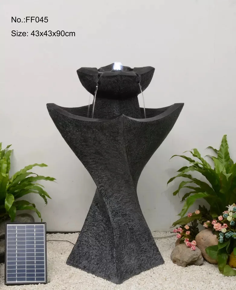 Outdoor Garden Decor Solar Resin Outdoor Waterfall Black Color Water Fountain With LED Light and Solar Pump