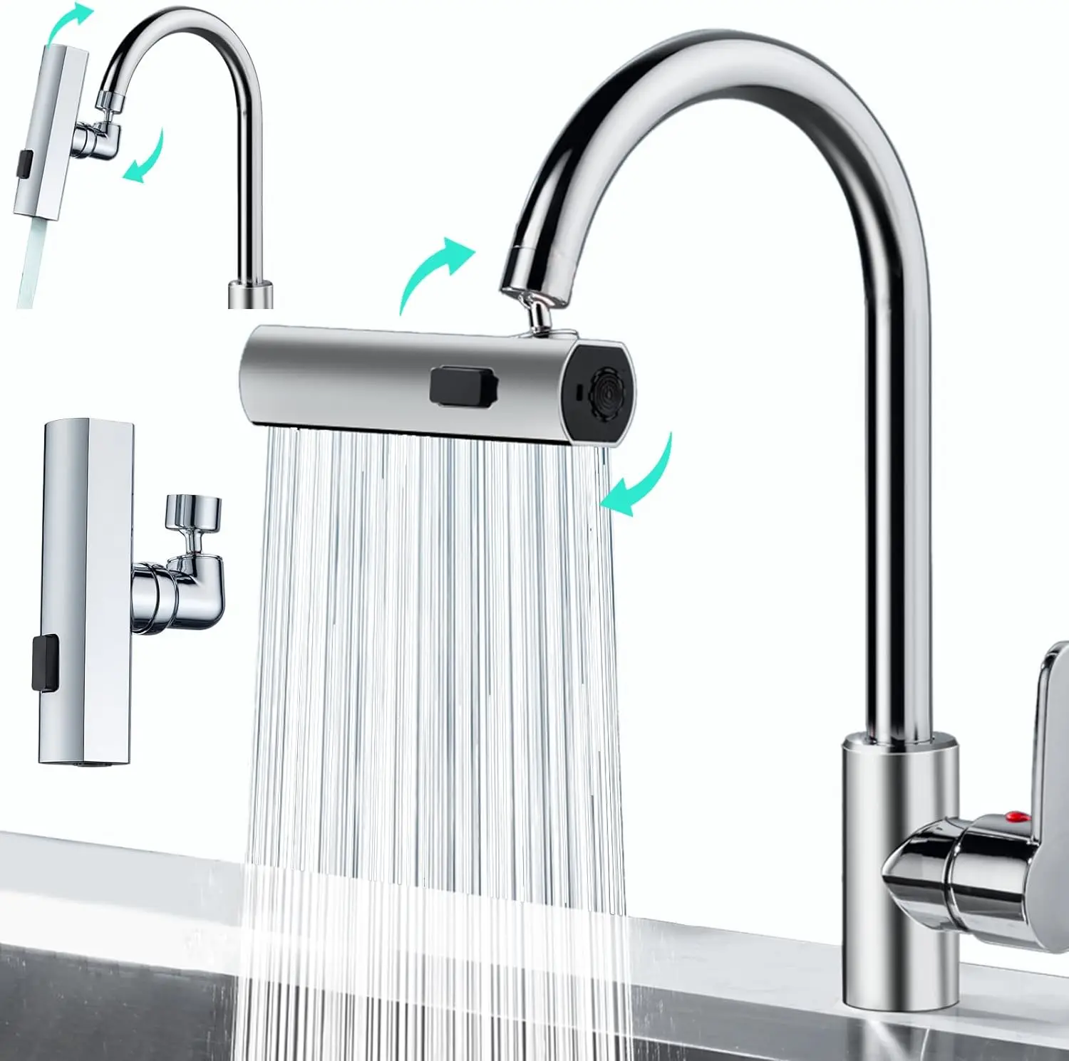 Waterfall Kitchen Faucet 3 in 1 360 Waterfall  Extender for Kitchen Sink Swivel Faucets for Washing Vegetable Fruit