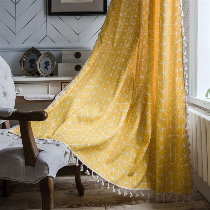 Japanese Style Yellow Geometric Design Printed Curtains With Tassels Modern Simple Country House Curtains