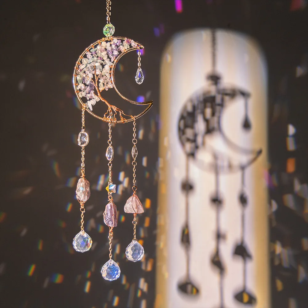 wholesale natural crystal gravel moon suncatcher crafts decoration DIY pendant amethyst wind chime home decor sun catcher