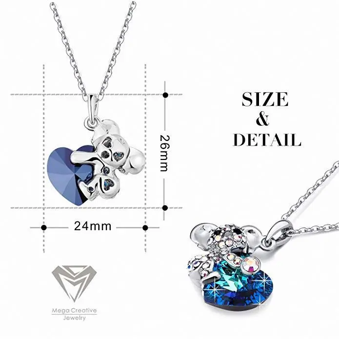 Women Koala Bear Hug Blue Heart Pendant Necklace