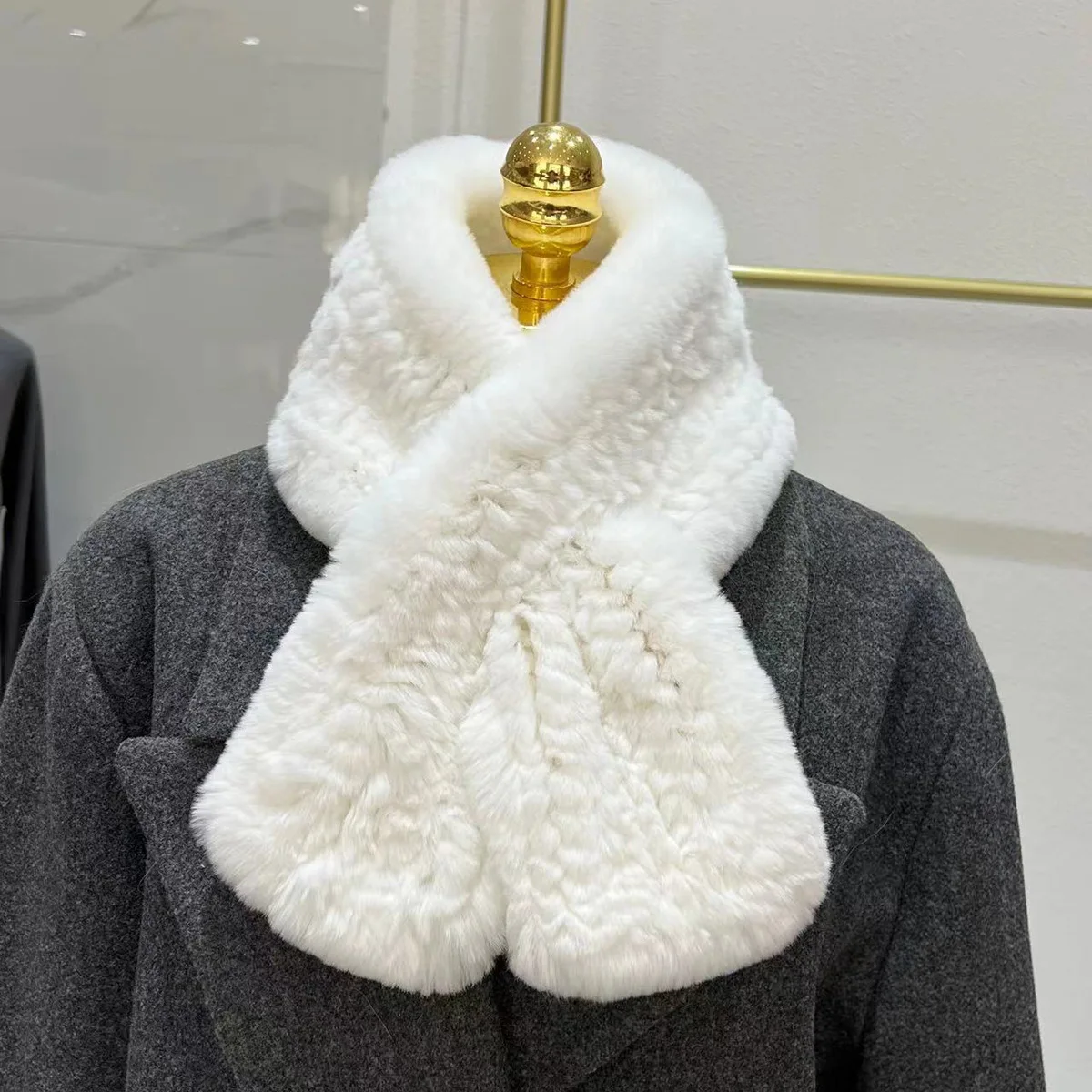 Winter Fashion Warm Cute Natural Rex Rabbit Fur Hand Knitted Solid Dye Scarfs For Women Girls
