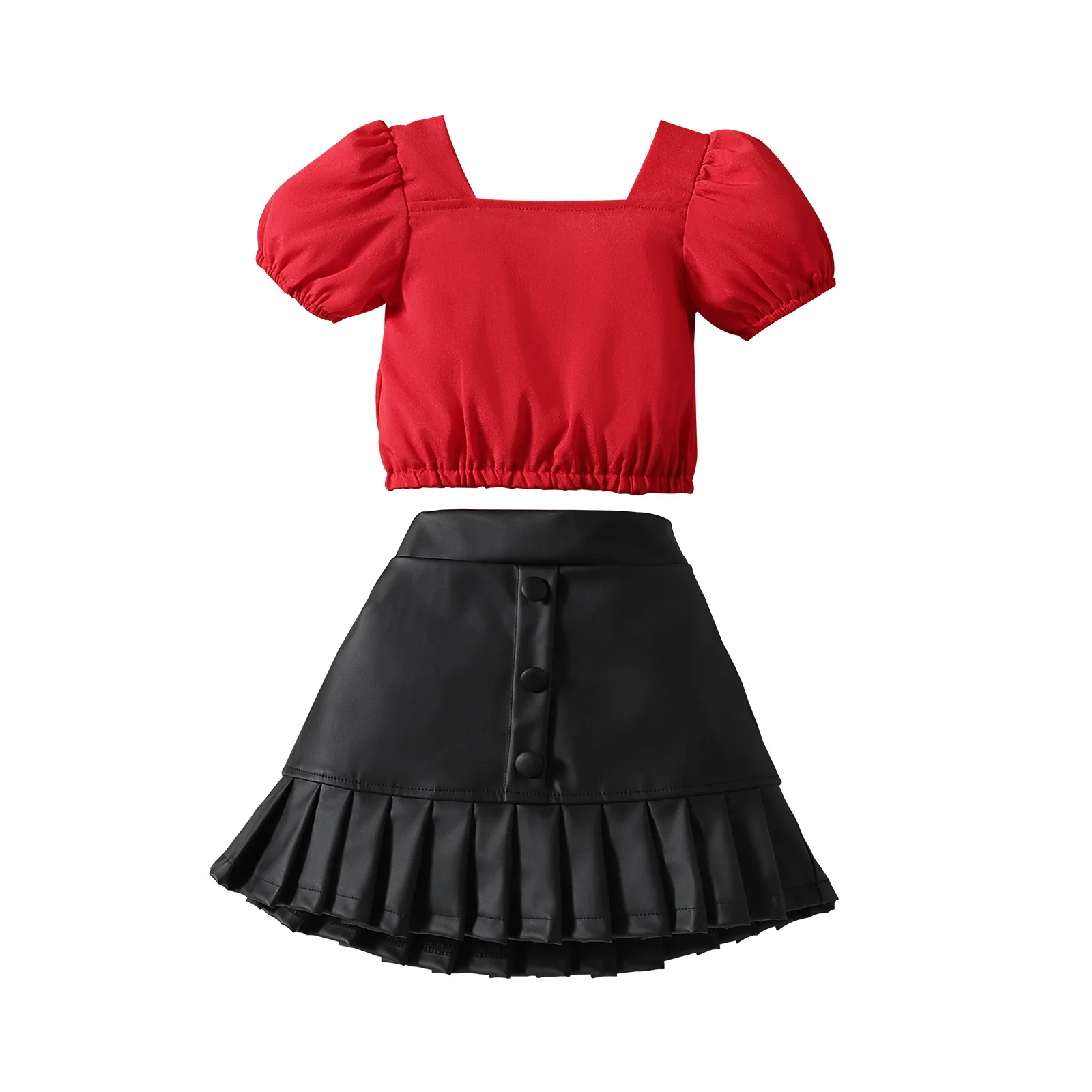 Hot Selling Fashion Kid Summer Outfits 1-6Y Short Puff Sleeve Solid T Shirts Tops Black PU Leather Skirt Girls Clothing Set