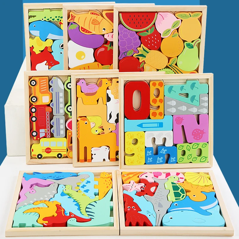 Wooden puzzles for kids Creative DIY building blocks paired with cartoon animal 3D jigsaw puzzle early education enlightenment
