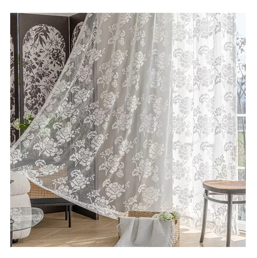 wholesale elegant living room bedroom hotel luxury pastoral burnout printing flower white sheer window curtains for home