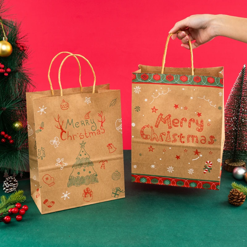 Merry Christmas Gift Kraft Bags Brown Kraft Paper Bags with Santa Claus Printed Design Coffee Snack Packaging Christmas Gifts
