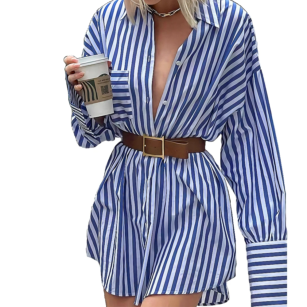 Women Fashionable Spring Autumn Casual Stripe drop shoulder Long Shirt