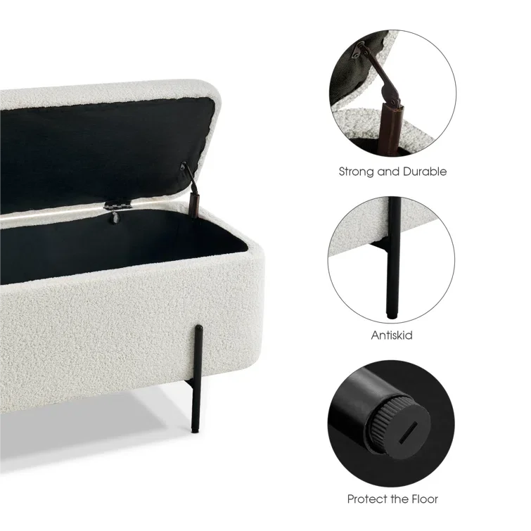 Boucle Storage Ottoman Teddy Fabric Upholstered Footstool Bed End Bench for Living Room Bedroom Entryway