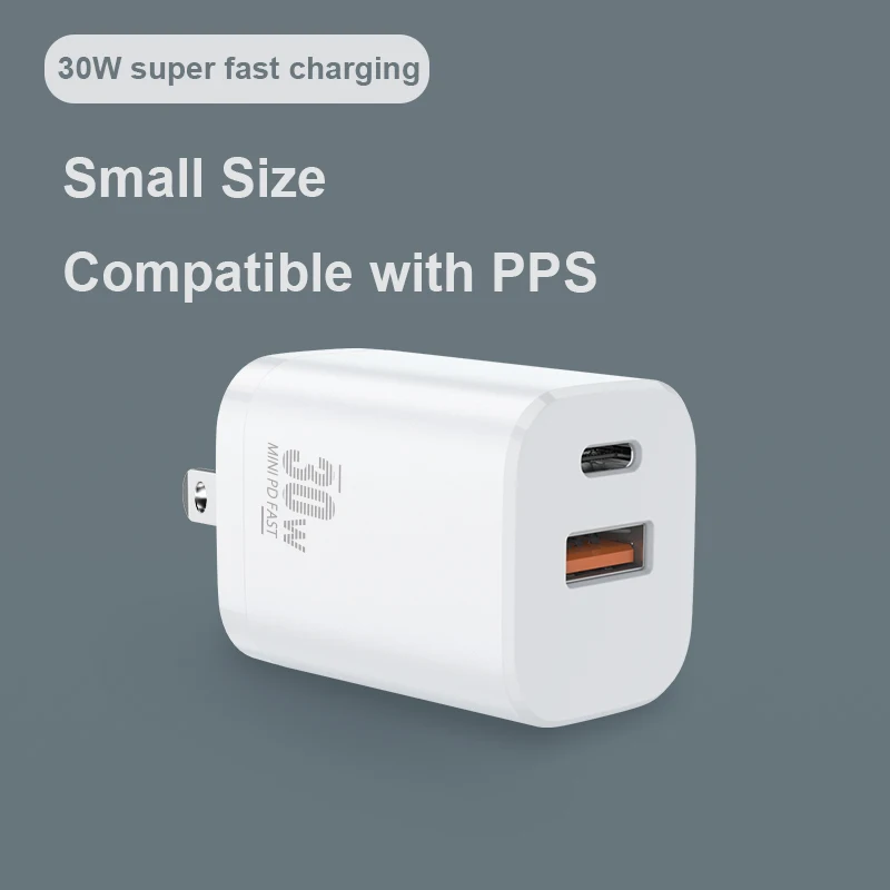 Hot Selling  Foldable Dual Ports 30W PD USB Charger Mini Power Supply Adapter USB A+C ports Wall Charger