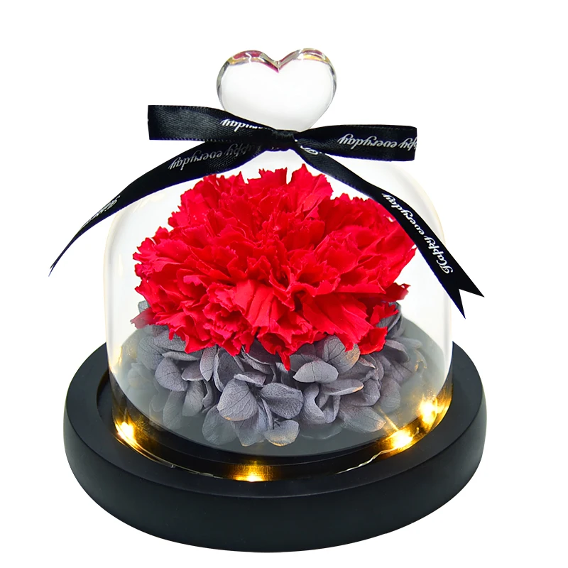 Artificial Eternal Preserved Carnation In Heart Glass Dome for Decoration Mother Teacher Valentines Day Gifts