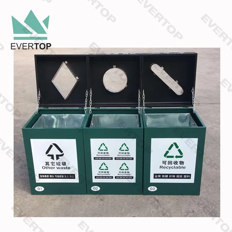 SD-22 Public Trash Can Multiple Compartments Steel Recycling Waste Bins Can Paper Cup Recycling Bin Triple Recycling Station
