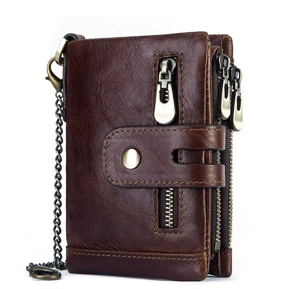 Mens Genuine Leather Wallet Man Men Double Anti-Theft Chain RFID Blocking Wallets with Double Zipper Coin Pockets