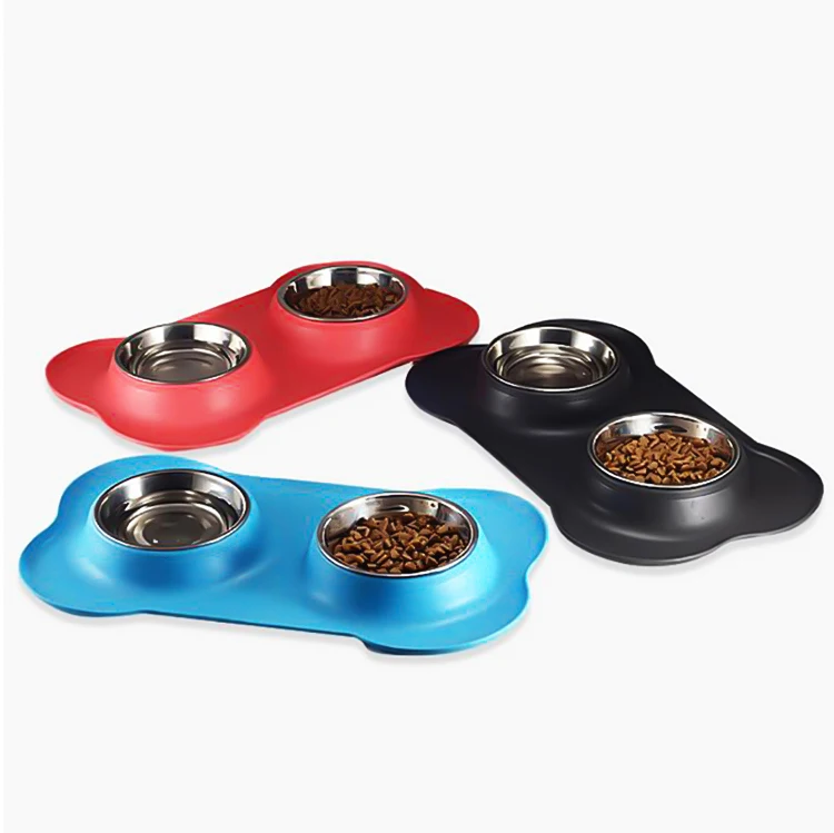 Silicone Mat Dog Feeder Travel Pet Bowl Stainless Steel Double Dog Feeding Food Bowl
