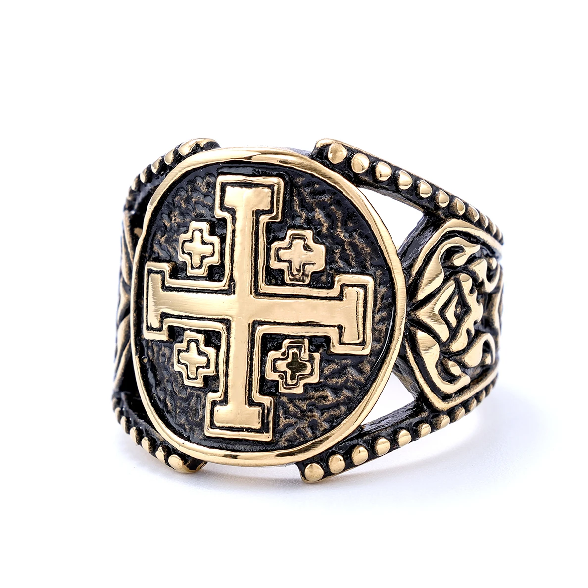 Ready To Ship GoldSilver Stainless Steel Jerusalem Cross Ring Vintage religious Jesus Christ Maltese Cross Band Ring Men