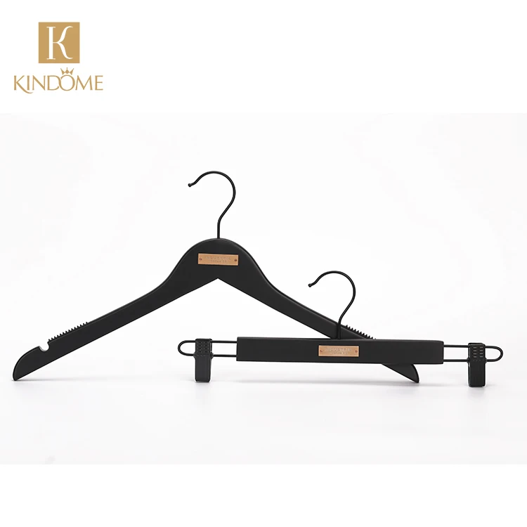 Clothing Organizing Custom LOGO Classic Black Wood Pants Hangers With Metal Plate LOGO