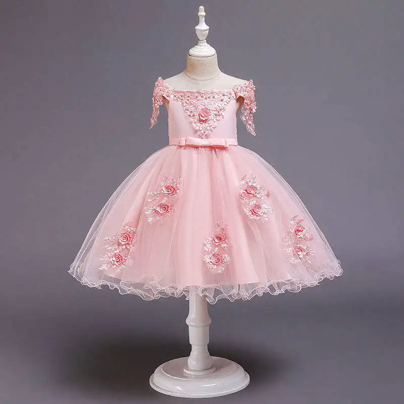 Girls summer embroidered bow elegant net gauze puffy dress wedding dress stage costume prom dress girl clothes sweet