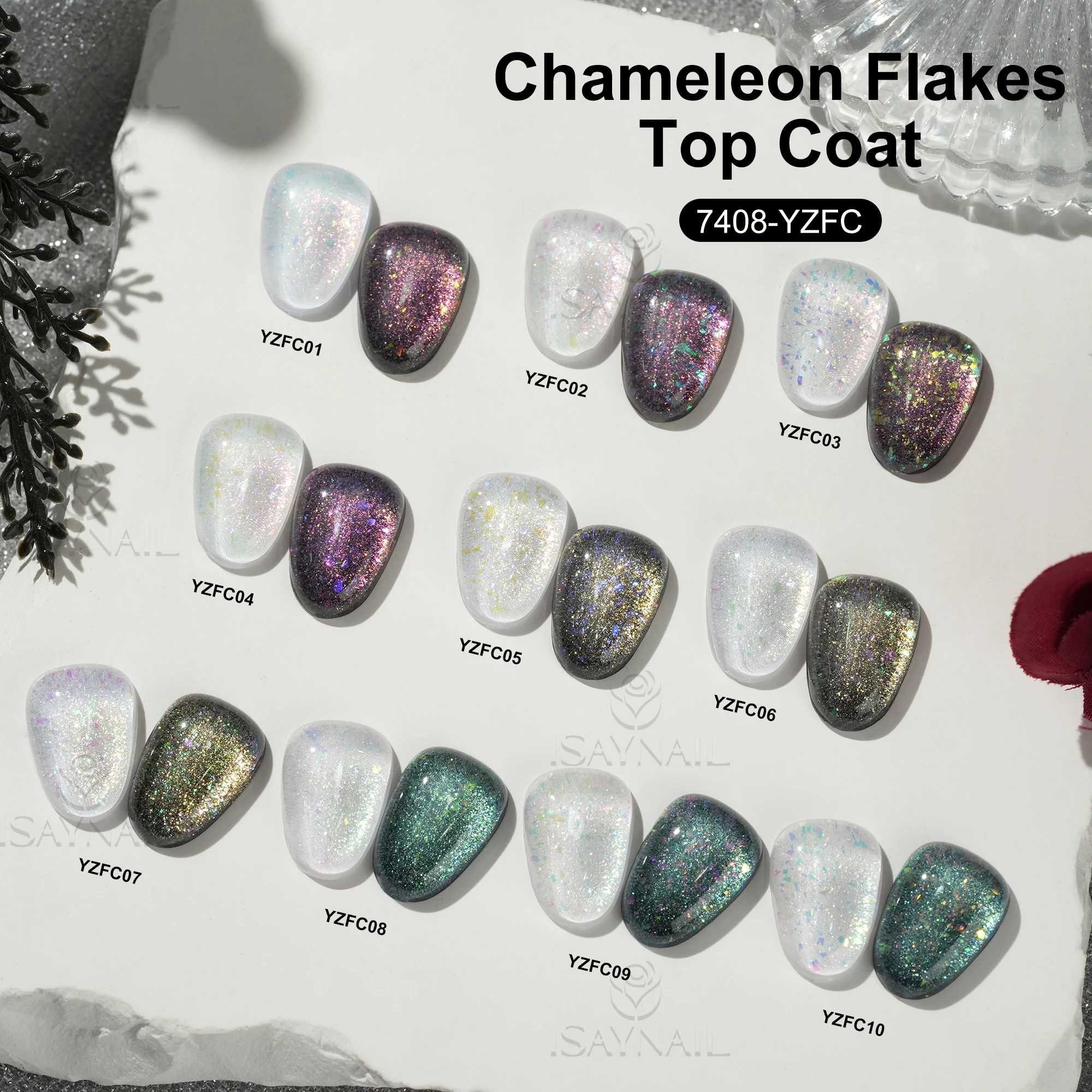 Wholesale Nail Supplier UV Long Lasting Art Nail Custom Logo Glitter Chameleon Flakes Top Coat Gel