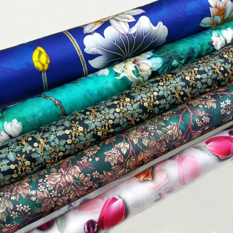 Custom 19mm 108cm/140cm Stretch Silk Charmeuse Satin Floral Printed Silk Fabric