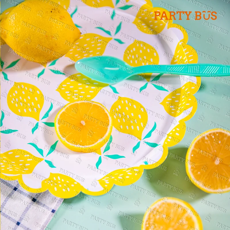 Partybus Yellow Lemon Pattern Paper Plates Cups Napkins and Cutlery Disposable Complete Tea Party Tableware Set
