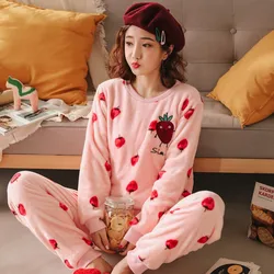 Winter Women Sleepwear Two Pice Suit Night Sleep Wear Clothing Pijama Plush Pyjama Flannel Pajama