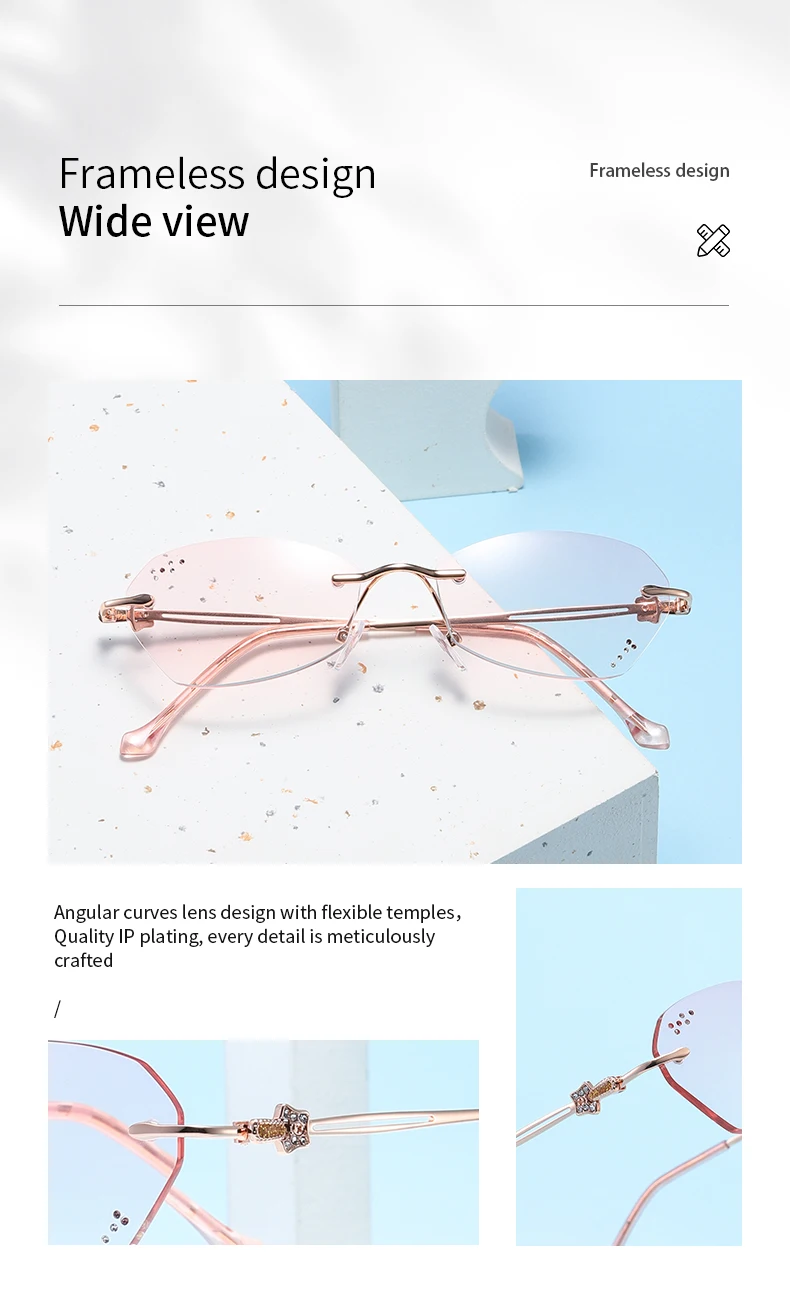Diamond-Cut Edge Diamond Women Anti-Blue Light Reading Glasses Elegant Fashion Rimless Glasses Gold Frame Pink Lens