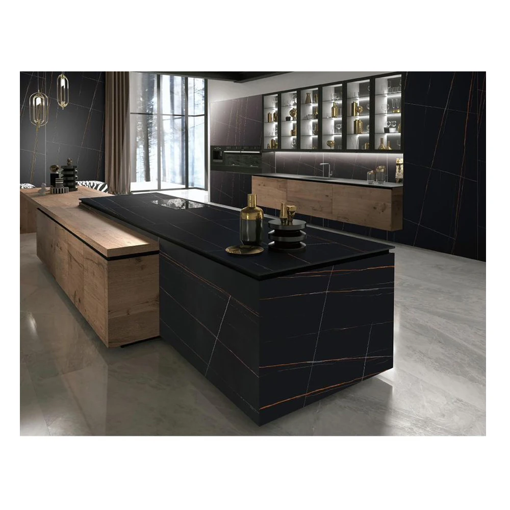 Foshan China Ceramics Carrara Calcatta  3200x1600mm Marble look Black polished porcelain Floor Tiles