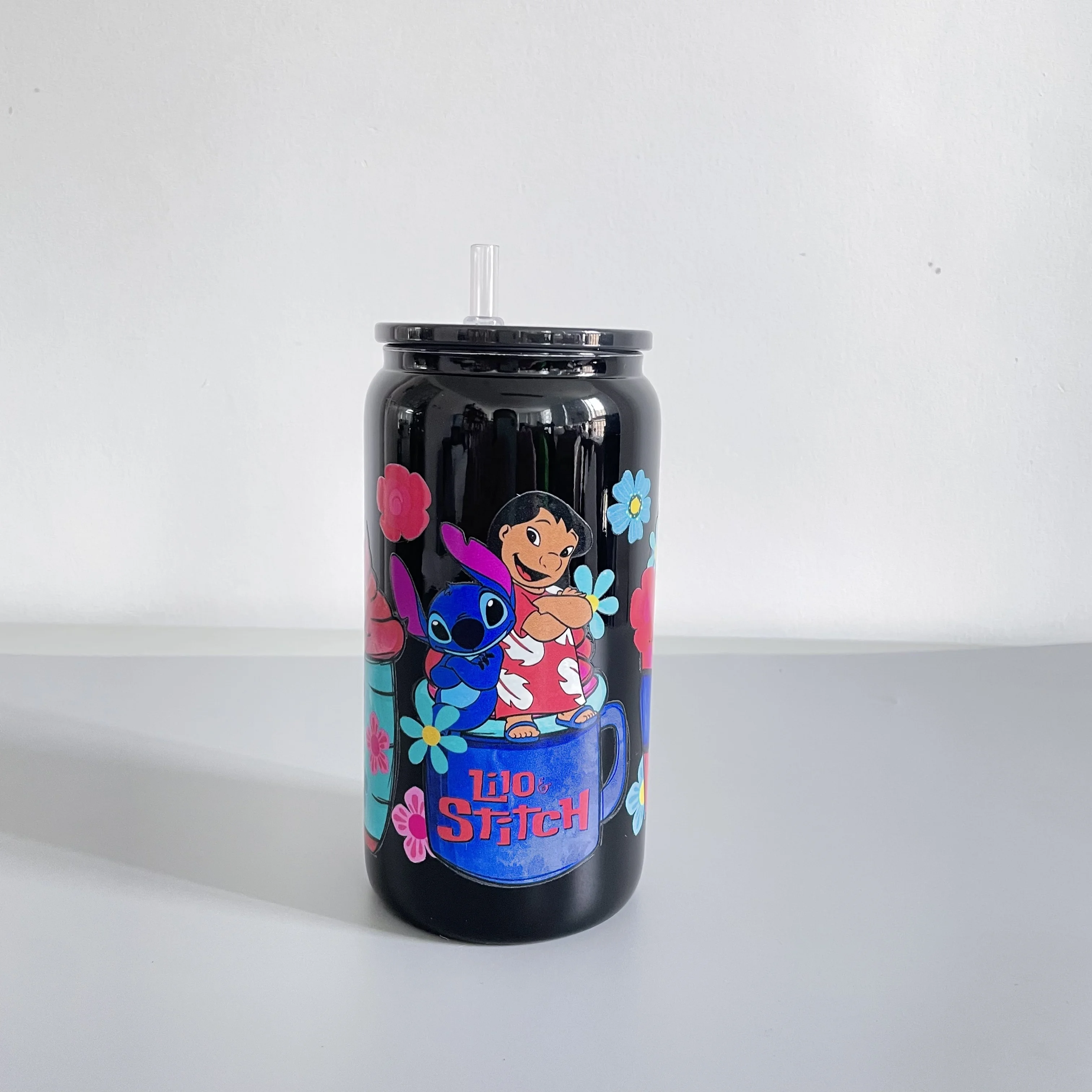 USA Warehouse Solid Glossy Black Borosilicate 16oz Black Beer Glass Can Glass Soda Can For UV DTF Wraps Vinyl With Plastic Lid