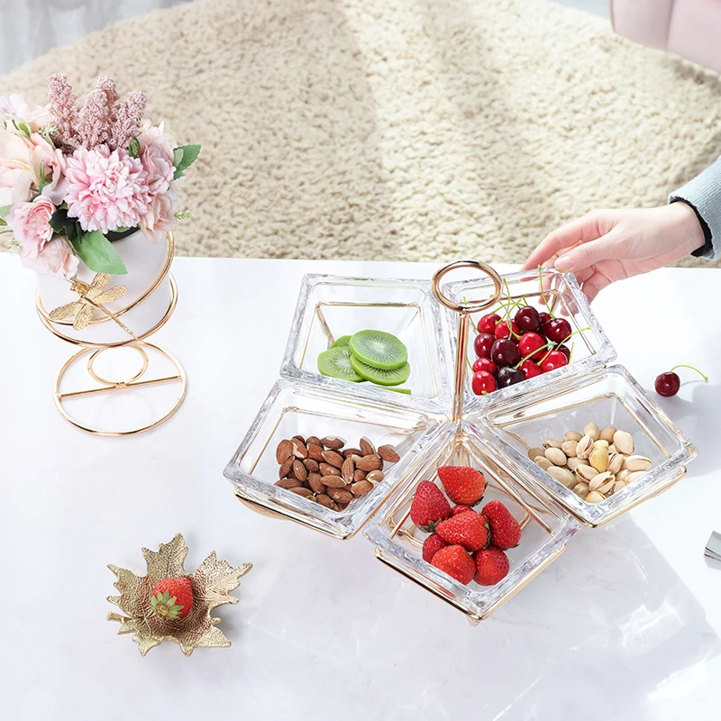 Light luxury serving trays glass fruit compartment tray grid snack serving tray