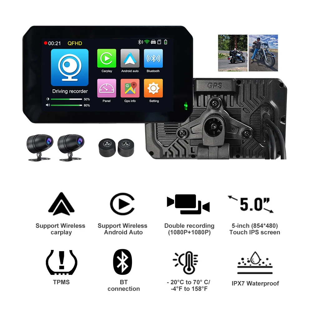 SUNWAYI портативный мотоцикл TPMS давление в шинах DVR Двойная камера 1080P сенсорный экран BT GPS беспроводной