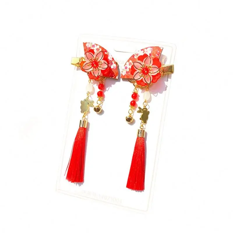 Chinese Kids Sweet Fans Crystal Flowers Tassel Duckbill Decorative Children Hair Clips