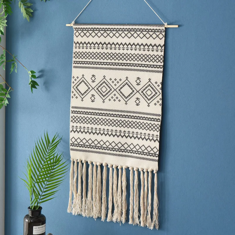 Woven Macrame Wall Hanging Boho Tapestry Home Nursery Wall Decor Retro Tassels Tapestry Geometric Pattern