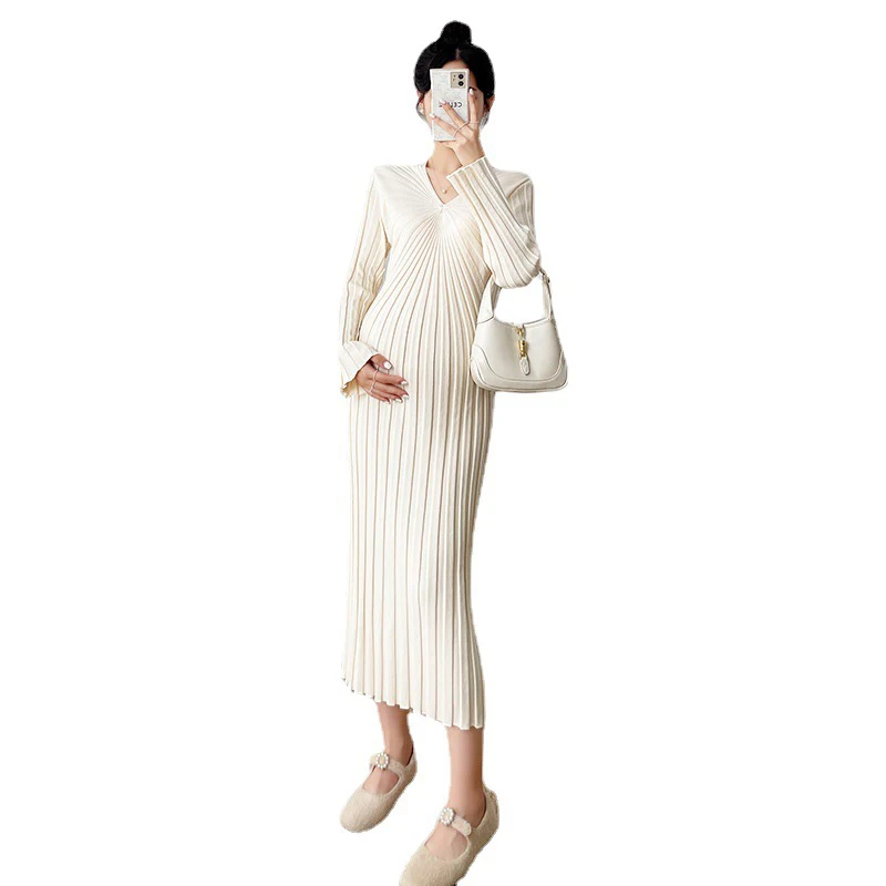 New Style Casual Stripe Knitted Dress Women V-neck Long Sleeve Sweater Dress for Ladies Maternity skirt Pregnant Woman Dress