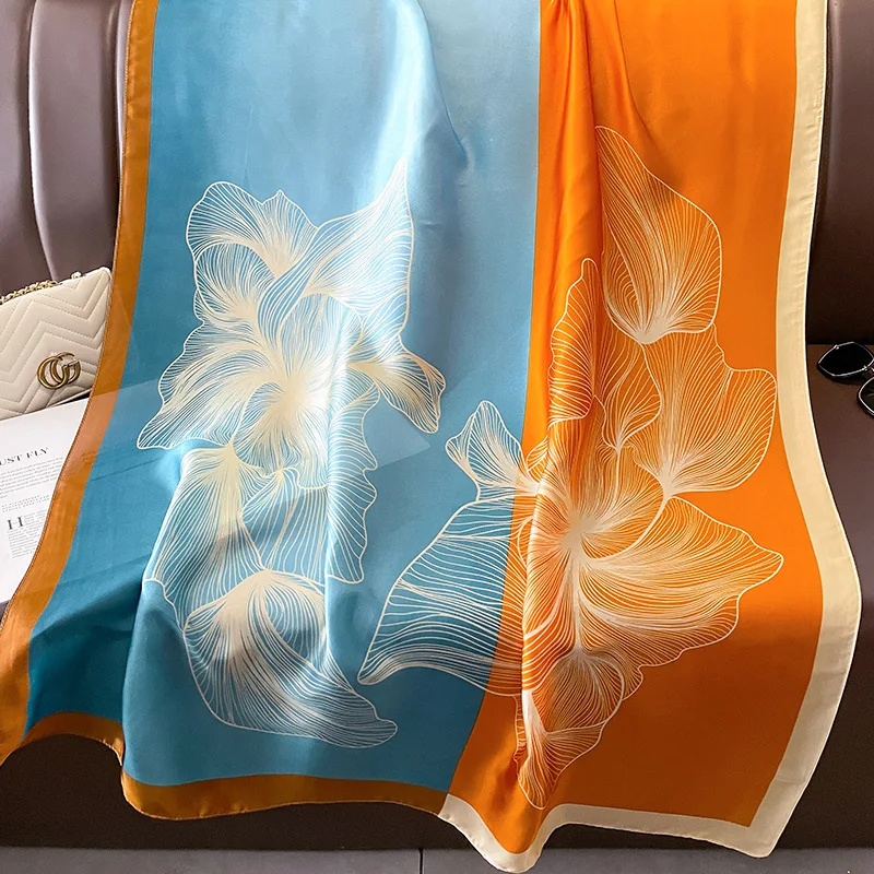 Wholesale elegant flower pattern print silk scarf for lady luxury soft imitation silk scarf women hijabs sunscreen shawls stoles