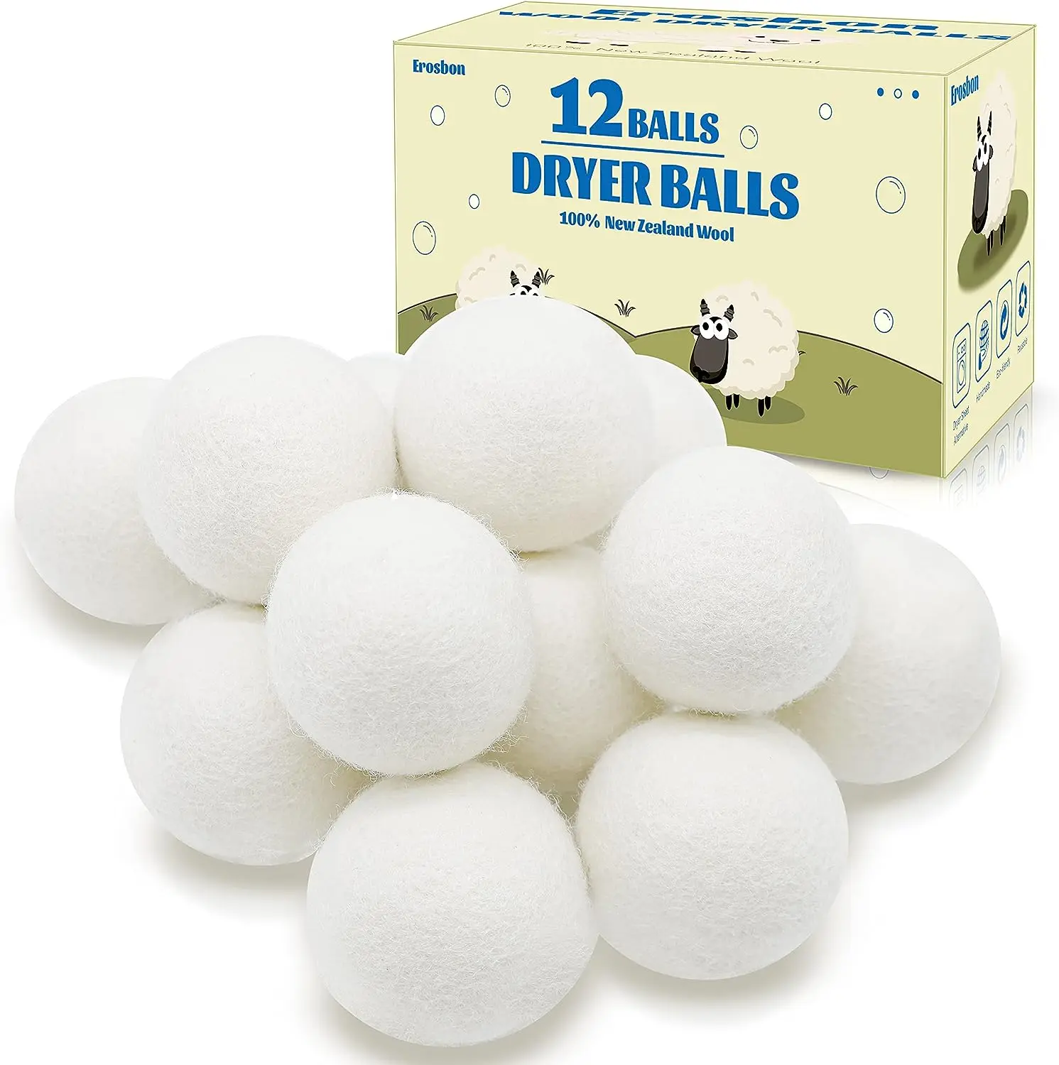 Wool drying ball Static Electricity, Shorten Drying Time Naturally, XL Size, Natural White, 6-Pack