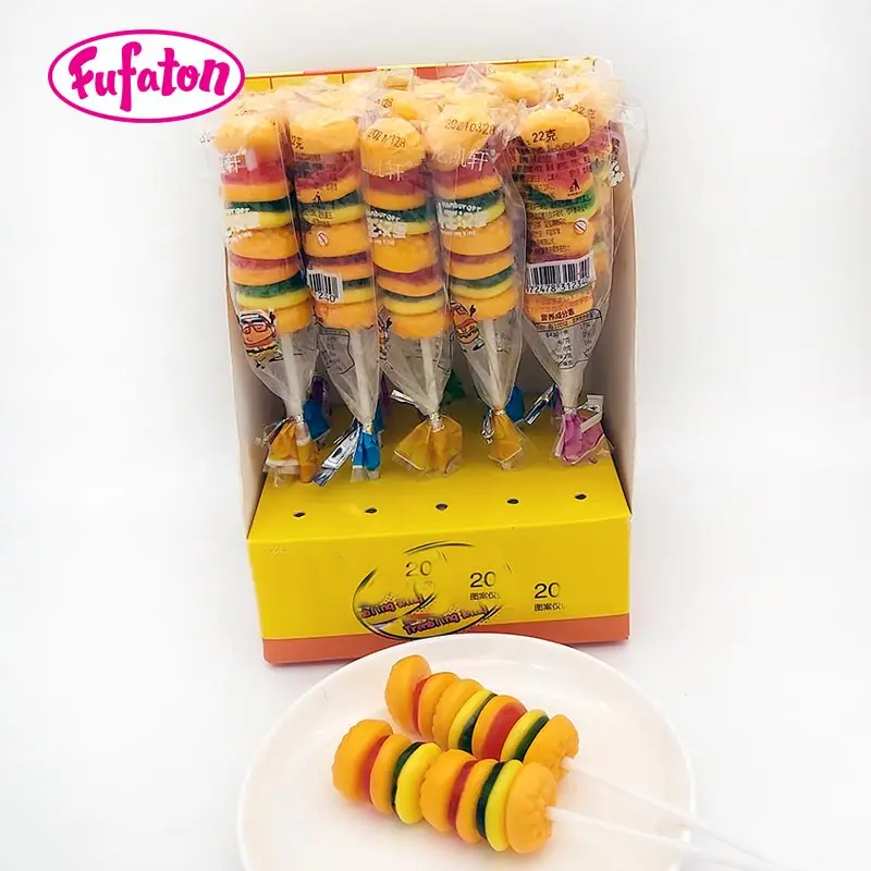 22g Hot selling mixed fruit flavored gummy burger lollipop candy