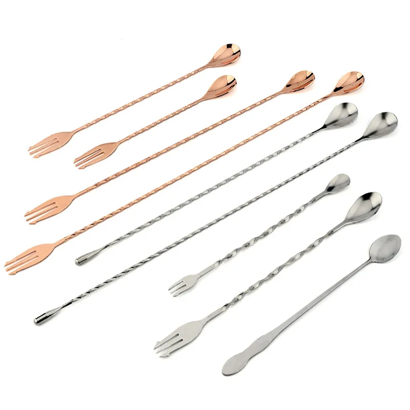Custom Color Stainless Steel Milk tea coffee spoon Cocktail Mixer stick Ice Spoon with fork Bar Spoon