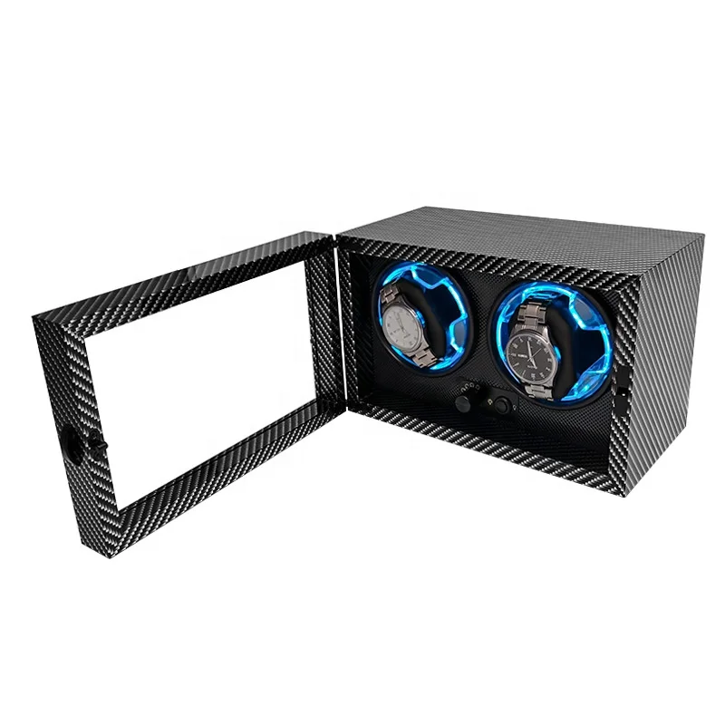 New Arrival 2 3 4 Slot Automatic Carbon Fibre PU Leather  Watch Winder Storage Blue Light Control Made  Watches Packaging Case