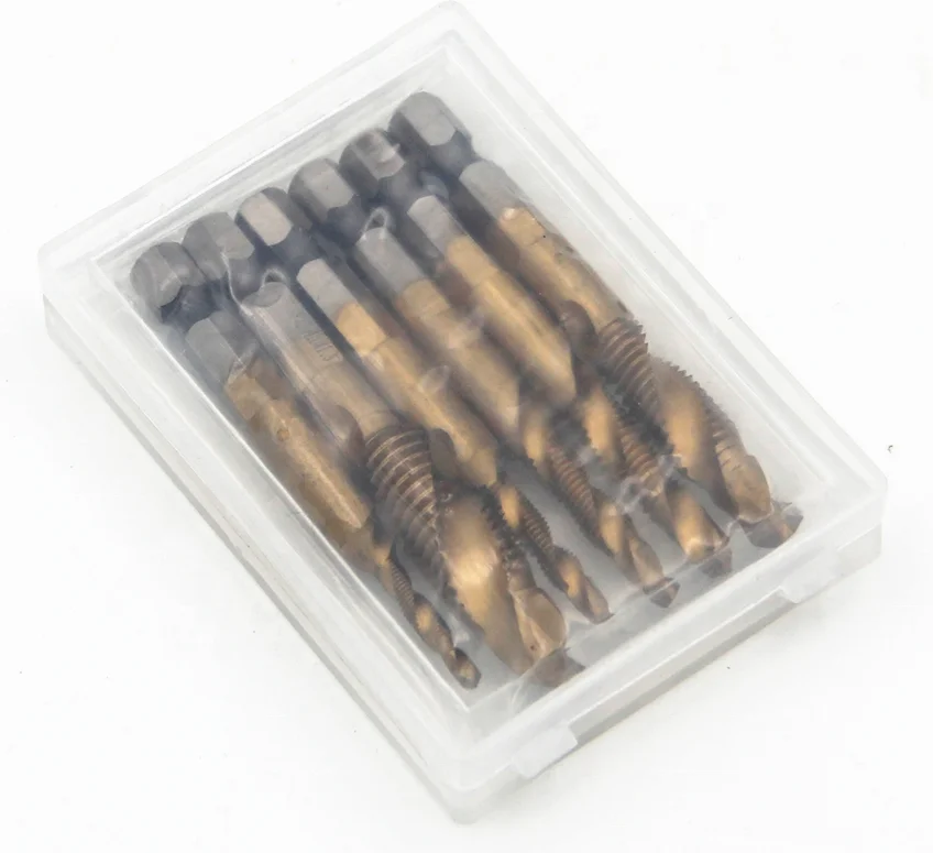 6pcs HSS 6542 Titanium plated metric hexagonal thread thread m3-m10 combination screw tap drill bit set for metal drilling